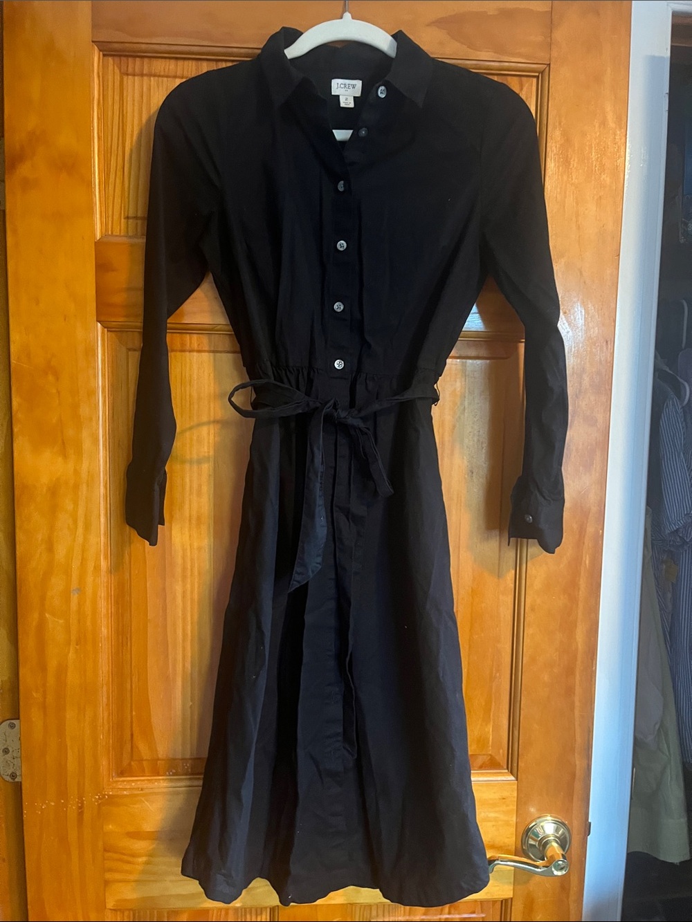 J. Crew Black Long-Sleeve Button Front Shirt Dress with Waist Tie